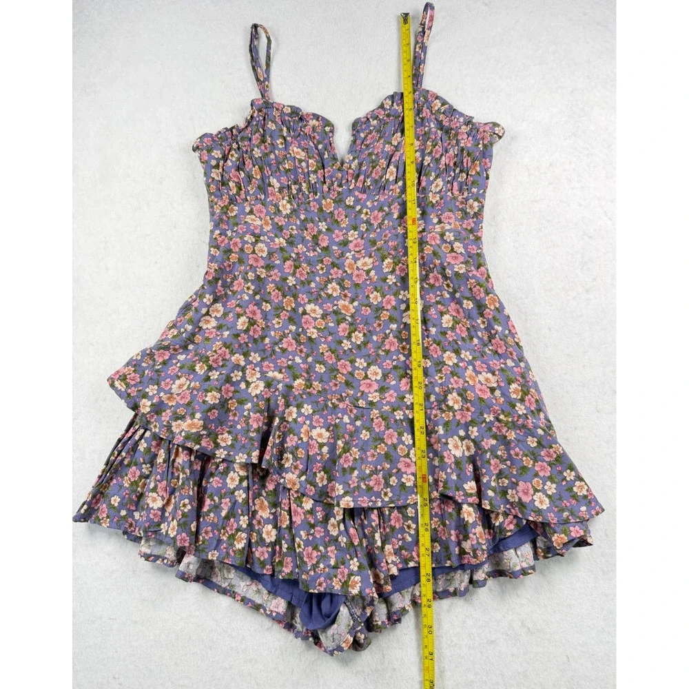 Altar'd State Bishlyn Romper Blue Floral Ruffle Tiered Skort Dress Medium NWT